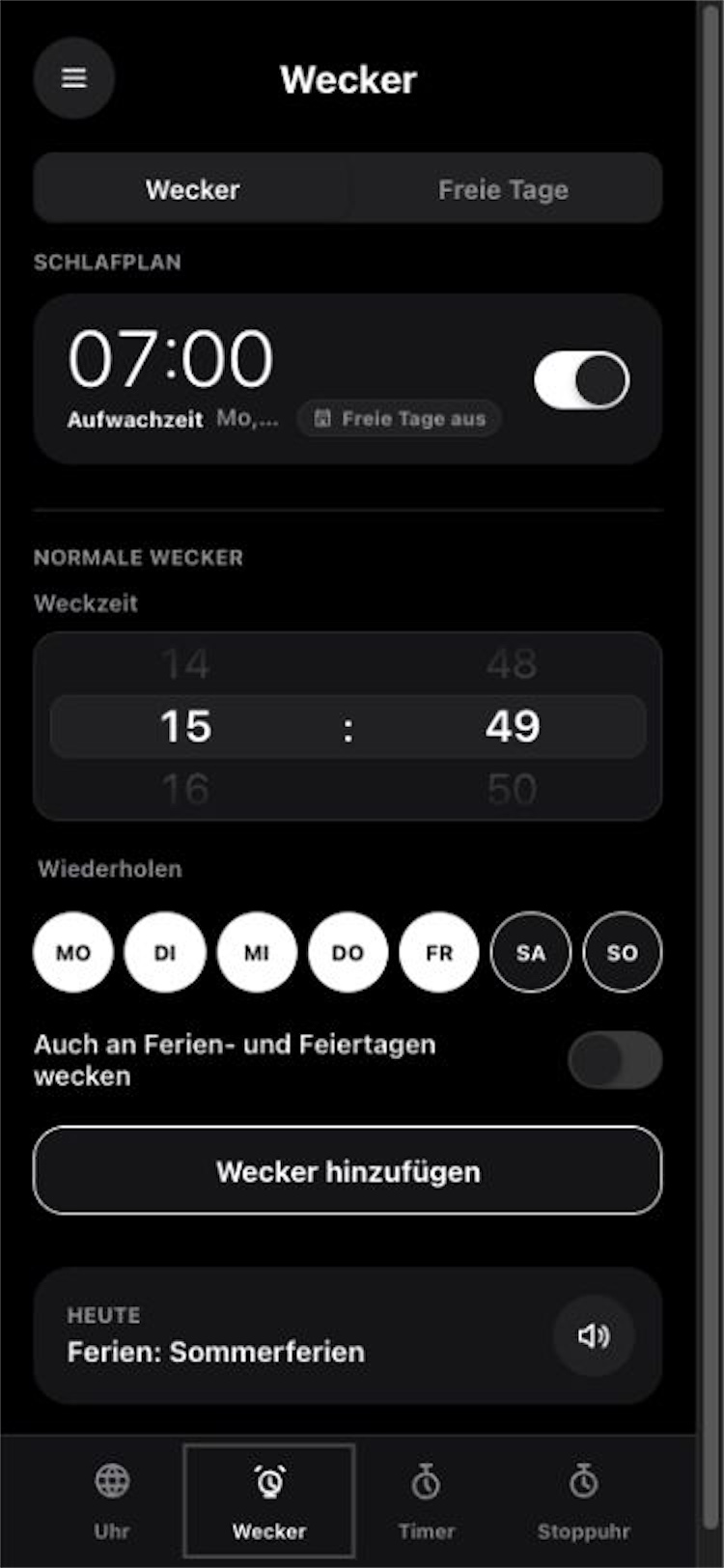Weckeransicht mit Schlafplan und Zeitwahl