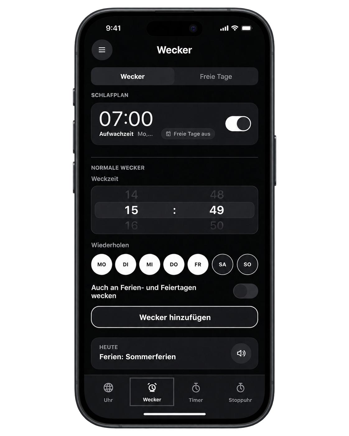 Weckeransicht der SchulWecker-App mit Schlafplan, Drehrad und Wochentagen