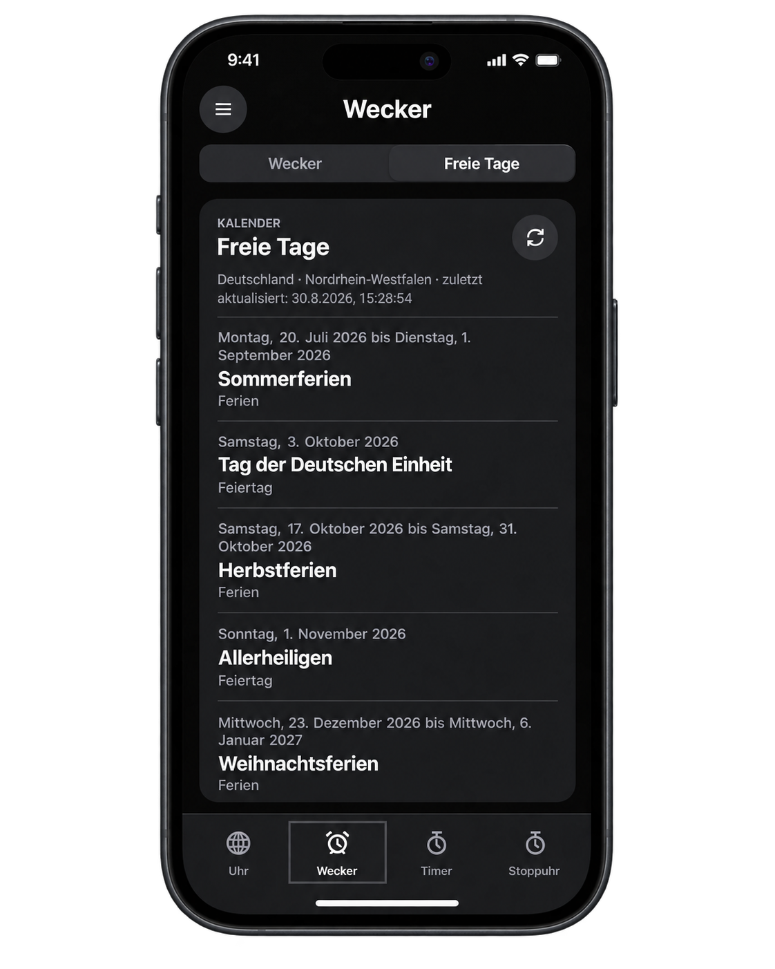 Ansicht der freien Tage mit Ferien und Feiertagen für Nordrhein-Westfalen