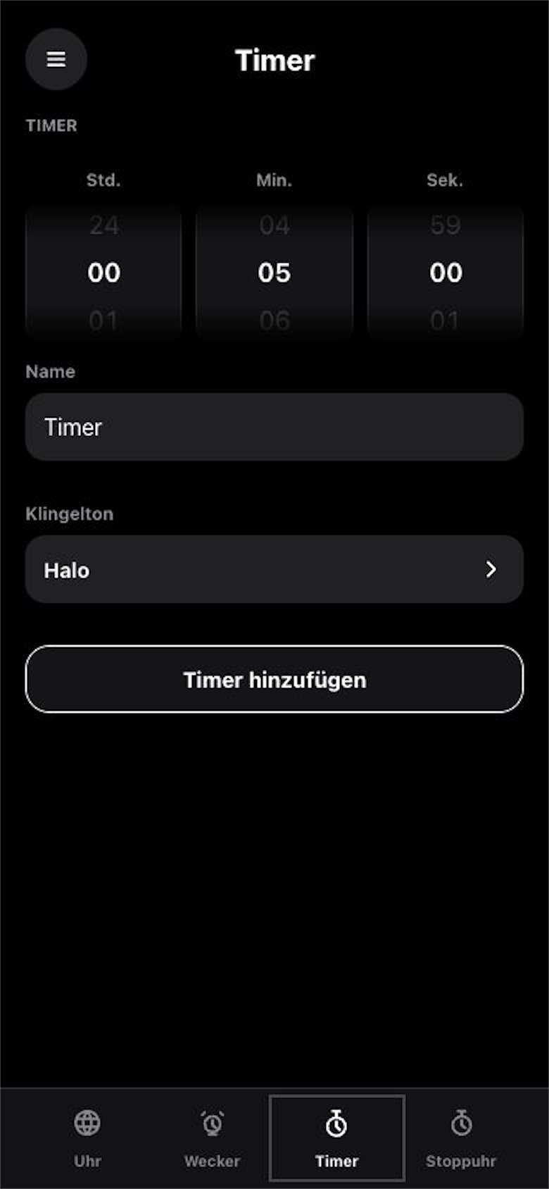 Timeransicht mit Drehrad, Name und Klingelton